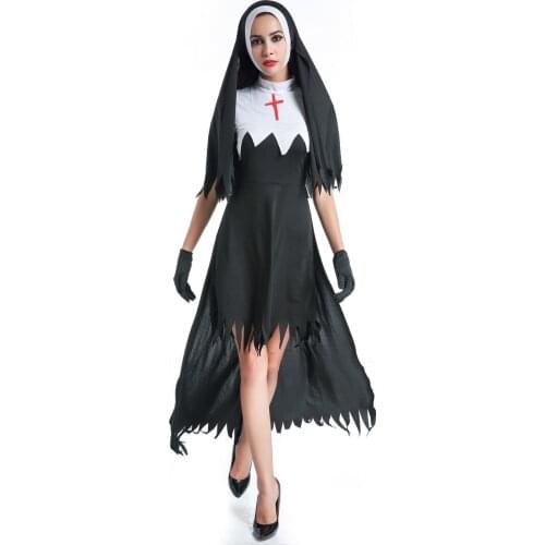 Sexy Nun Costume Adult Women Cosplay Black Hoodie For Halloween Sister Cosplay Party Vampire demon Costume