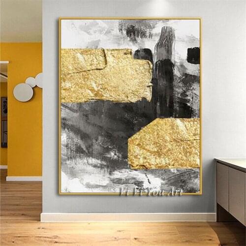 Modern Abstract Grey Gold Foil Canvas Art Fashion Blue Poster 100% Hand Painted Wall Picture for Living Room Cuadro Decoration