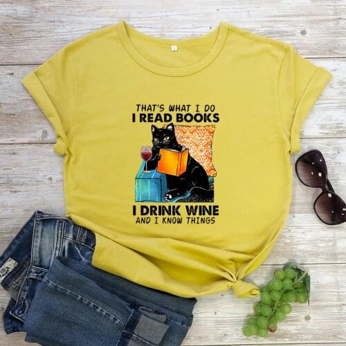 That is what i do i read books i drink wine slogan cute cat funny Irony pure cotton casual hipster vintage tees grunge young top