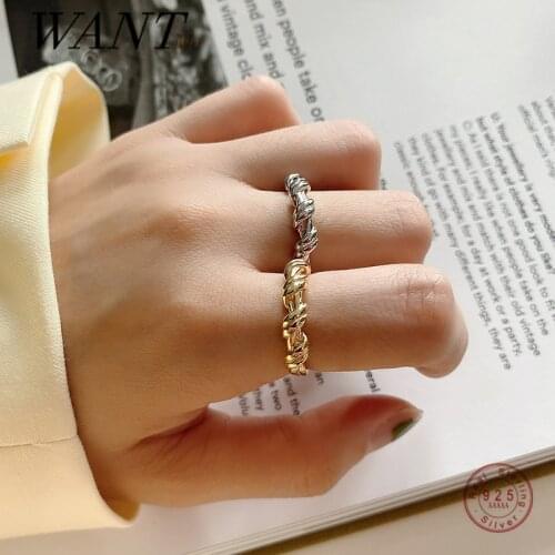 WANTME Genuine 925 Sterling Silver Minimalist Punk Knotted Opening Adjustable Ring for Women Men Korean Rock Party Jewelry Gift