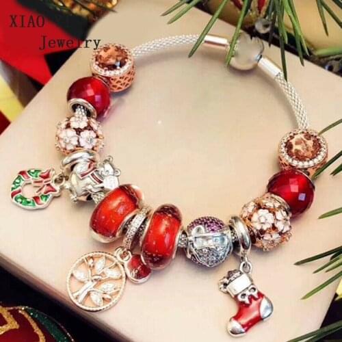 XIAOYI jewelry 100% s925 winter Christmas red glass life tree snowman bear socks gift set for girlfriend