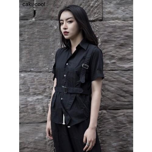 Cakucool 2019 new summer dark punk style strap decorative neutral casual short-sleeved shirt women