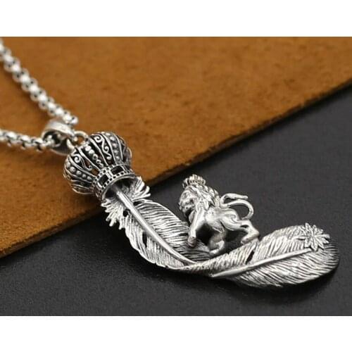 Crown lion eagle feather pendant Real 925 sterling silver jewelry for women pendant Silver 925 fine vintage jewelry GP19
