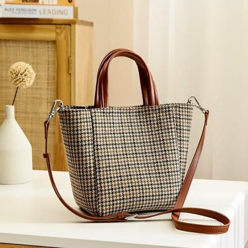WOONAM Women Fashion Handbag Fall Winter Tweed Canvas with Genuine Calf Leather Trim Bucket Tote Handbag WB1140