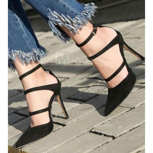 Moraima Snc Woman Fashion Shoe Black High Heels Pointed Toe Ankle Strap Leather Pumps Shoes Woman Sexy Thin Heels Dress Shoe