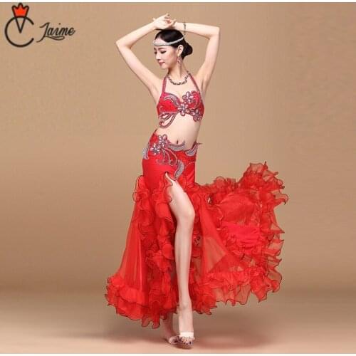 4 colors high grade Luxury Oriental Dance Outfit Women Dancewear Professional Beaded Belly Dance Costume 3pcs Bra Belt Skirt