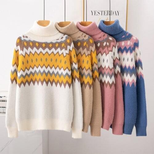 High-grade Womens Turtleneck Sweater 2020 Autumn Winter Warm Thick Loose Faux Mink Cashmere Sweaters Lady Pullover Casual Tops