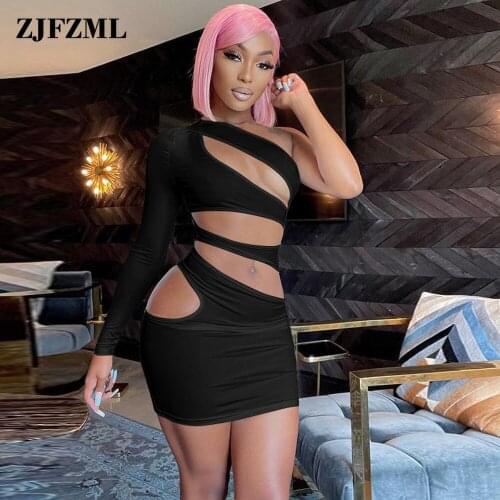 Y2K One Shoulder Bodycon Dresses Women Autumn 2021 Long Sleeve Hollow Sexy Party Dress Elegant Backless Pacakge Hip Vestidos