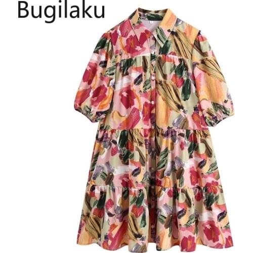 TEROKINIZO Flower Shirt Dress Women Turn Down Collar Short Sleeve Casual Vintage Chic Dresses Summer New Clothes Vestidos Mujer