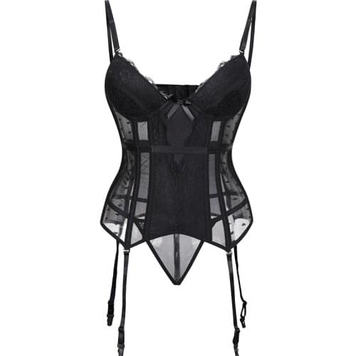 Women Sexy Underwear Corset Erotic Korse Transparent Lace Mesh Corset Top Lingerie Slim Waist Bustier Push Up Corselet