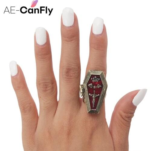 AE-CANFLY Vampire Halloween Rings for Women Coffin Opens CROWN BAT CROSS Gothic Metal Ring 2D3005