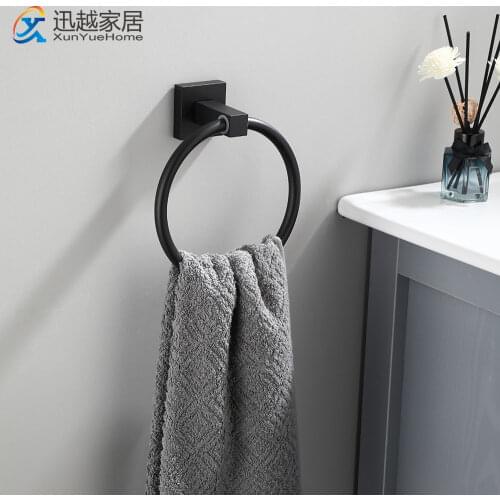Towel Holder Ring Black Aluminum Round Wall Mounted Hanging Rack Shelf Bathroom Bar Accessories