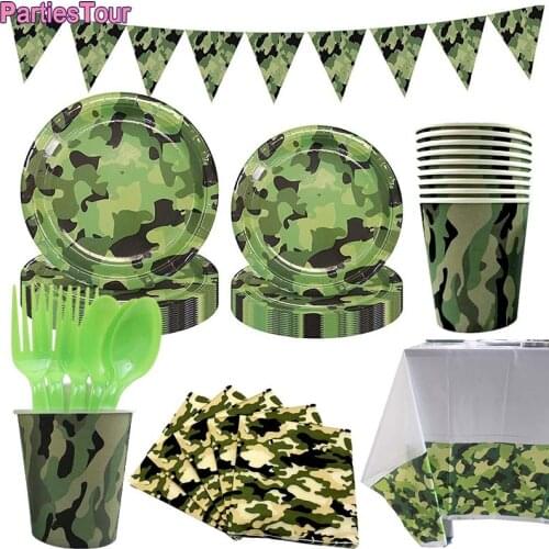Camouflage Disposable Tableware with Camo Plates Cups Napkins and Triangle Banner Soldier Army Hunting themed Party Decortions