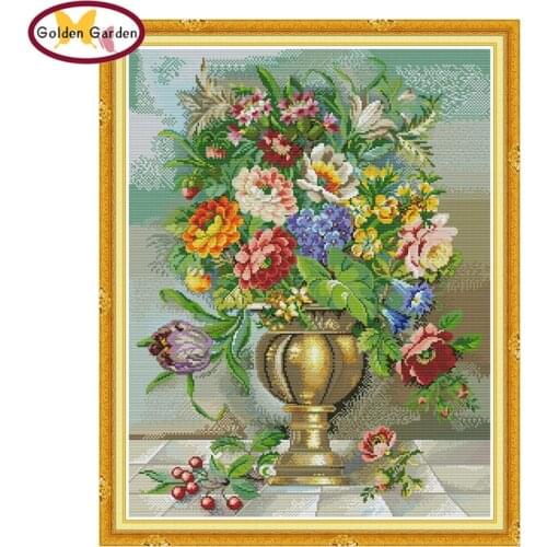 GG Oil Painting Flowers Cross Stitch 11CT14CT Chinese Embroidery Needlework Set Joy Sunday Cross Stitch Pattern for Home Decor
