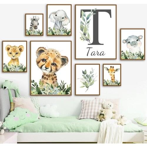 Watercolor Leaf Lion Tiger Elephant Zebra Custom Wall Art Canvas Painting Nordic Poster And Prints Wall Pictures Kids Room Decor
