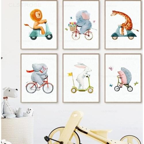Kawaii Cartoon Animals Canvas Painting Lion Giraffe Rabbit Elephant Hedgehog Nordic Posters Kids Room Decor Wall Art Pictures