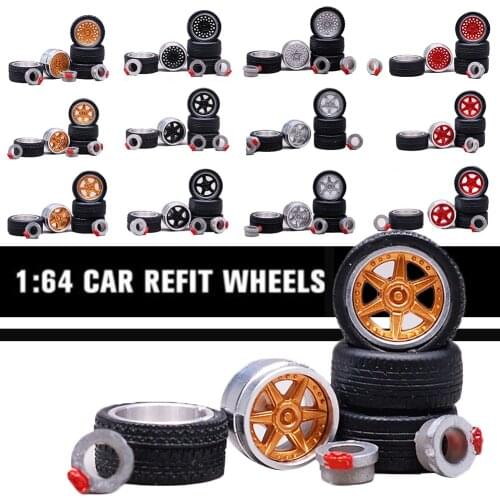 1:64 12 Styles Model Modified Tire+2axles+4end Caps Diecasts Alloy Wheel Tire Rubber Vehicles General Model Of Car Change Wheel
