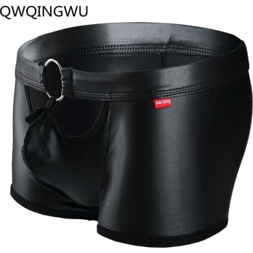 Sexy Gay Men Boxer Boxershorts PU leather U Convex Pouch Underpants Open Front Male Panties Underwear Classical Plaid Shorts
