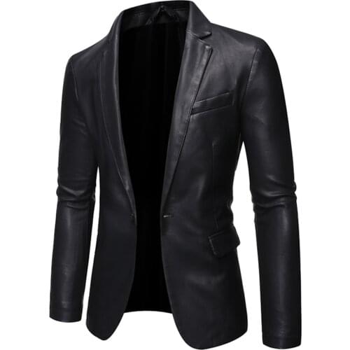 2020 New Style Casual Mens Pure Color V Collar Business Casual Slim Mens Suit Leather Coat One-button Full Mens Faux Leather