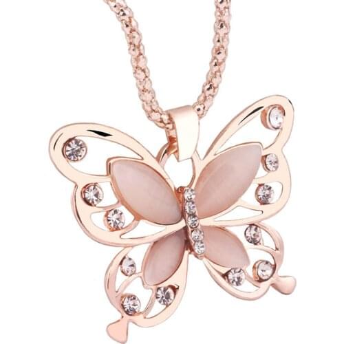 Rose Gold Opal Butterfly Necklace Charm Pendant Long Jewelry Fashion Women Curb Cuban Link Chain Chokers Vintage Metal