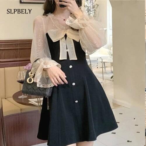 SLPBELY Mini Party Women Dress Spring Casual Elegant Bow Lace Long Sleeve Black Vintage Dress Bow Sexy Ladies Sundress Vestido