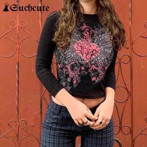 SUCHCUTE Heart Printed Vintage Black T-shirts Harajuku Aesthetic Slim Female Gothic Clothes Streetwear Tee Shirts Y2K Tops Punk