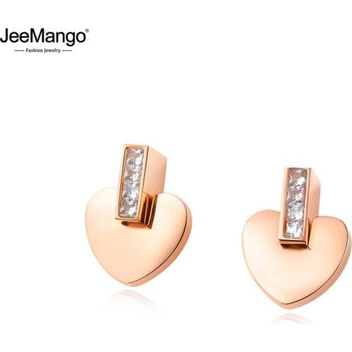 JeeMango Rose Gold Cubic Zirconia Women Wedding Stud Earrings Jewelry Stainless Steel Cute Never Fade Heart Earrings JE17121
