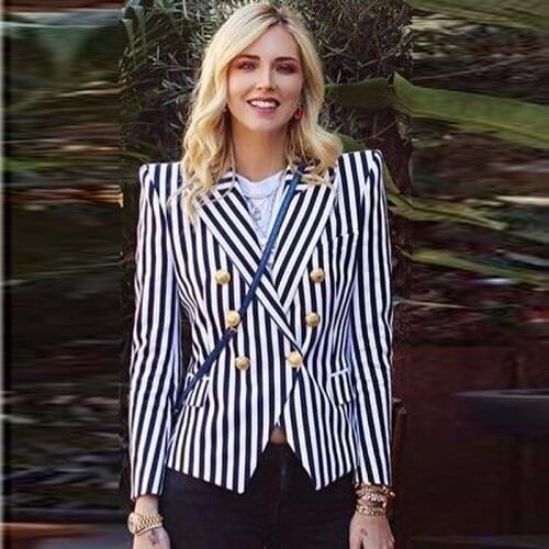 HIGH QUALITY Newest Fashion 2020 Designer Blazer Womens Classic Lion Buttons Double Breasted Vertical Striped Blazer Jacket