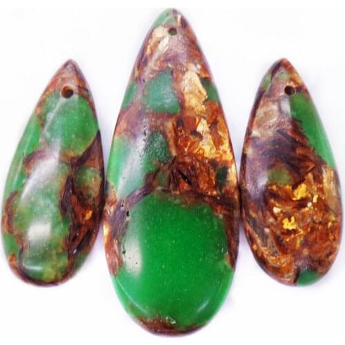 3Pcs/set 50x20x7mm/35x16x7mm Bronze And Green Sea Sediment Jasper & Pyrite Teardrop Pendant Bead DIY Jewelry Accessories S940