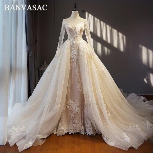 BANVASAC 2018 Real Photos O Neck Ball Gown Lace Long Sleeve Wedding Dresses Embroidery Cathedral Train Bridal Dresses