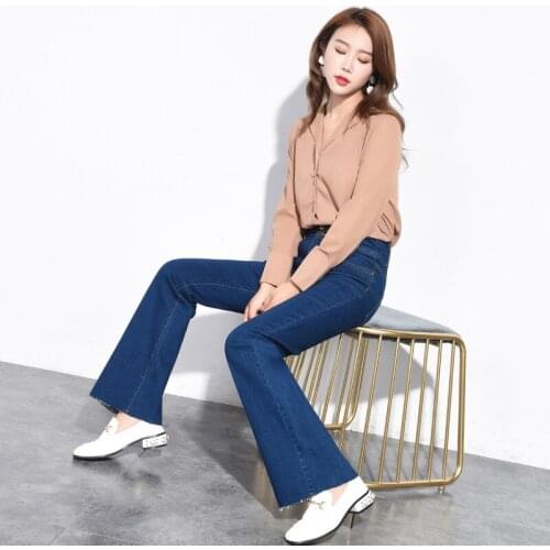 Free Shipping Womens New 2020 Slim Fit High Waist Breasted Micro-La Jeans Elastic Raw-Edged Trousers Wide-Leg Pants