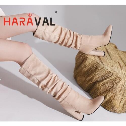 HARAVAL Women Motorcycle Boots Shoes Kid Suede High Heels Round Toe Black Brown Red Spring Autumn Sexy Elegant Boots Shoes E369L