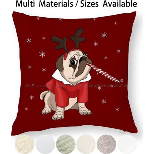 Pug Xmas Pillow Case Throw Pillow Cover Cotton Linen Flax Pug Dog Cute Santa Reindeer Joke Funny Winter Xmas Bless Joy Happy