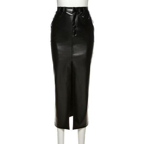 Black PU Leather Skirt 2021 Spring Women Casual Clubwear Sexy Party Bodycon Skirts High Waist Split Front Zipper Pencil Skirt