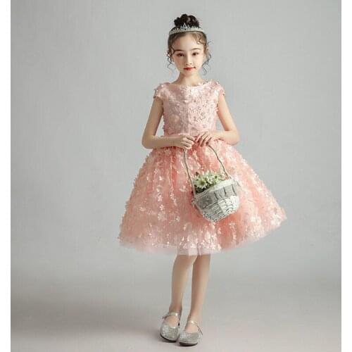 Flower Girl Dresses Illusion Embroidery Appliques Knee-Length Short O-Neck Tulle Princess Luxury Pink Lace Kids Party Gown H343