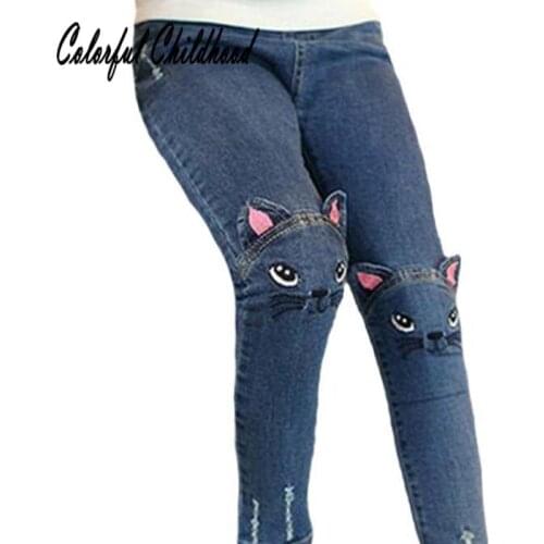 Girls denim pants autumn winter toddler girls leggings cartoon cat embroidery kids pants children trousers 3-8Yrs