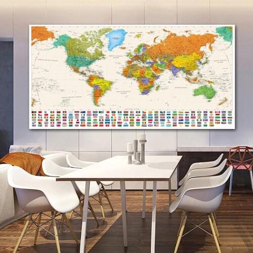 Big Size The World Map Canvas Painting Poster Retro English Map with National Flags Travel Wall Art for Living Room Office Decor
