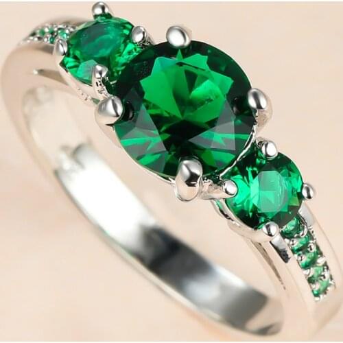 Dainty Female Green Crystal Stone Ring Charm Silver Color Wedding Rings For Women Vintage Bride Round Zircon Engagement Ring