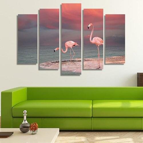 5 Pieces Wall Art Canvas Painting Animal Poster Two Pink Flamingos Modular Decorative Living Room Pictures Framework