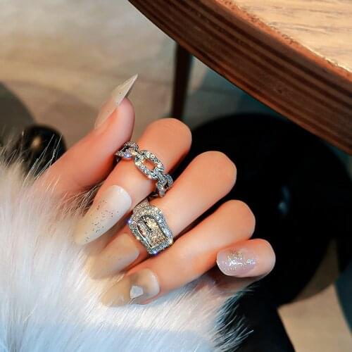 Minar Korean Spark Rhinestones Hollow Link Rings for Women Chunky Chain Belt Wide Adjustable Open Charm Ring Wedding Jewelry