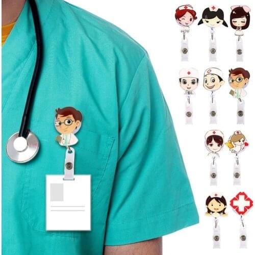Cartoon Nurse Doctor Office Retractable Pull Reel ID Badge Lanyard Name Card Tag Clip Holder Key Ring Chain Clip Car Pendant Key