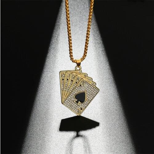 Retro Creative Straight Flush Mens Necklace Hip Hop Gold Playing Card Pendant Chain Necklace Inlaid Rhinestone Necklace