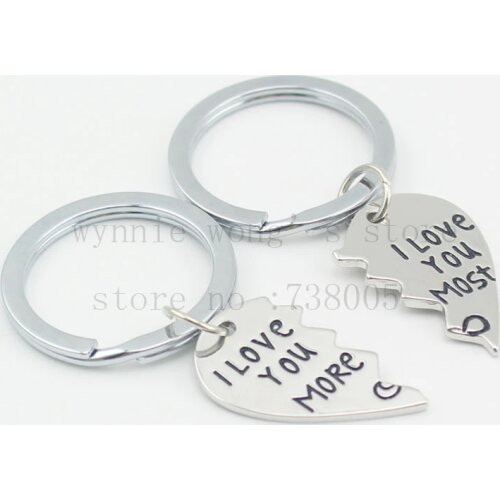 2016 new broken heart 2 parts necklace" I Love You More I Love You Most" Handstamped Couples Keychain & necklace Set Love Gift