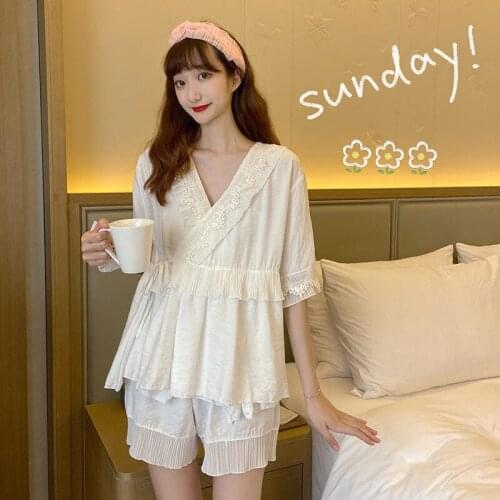 Pajamas Women Summer Shorts-Sleeved Net Red Princess Style Sweet Retro Lace kimono Japanese Lace Palace S