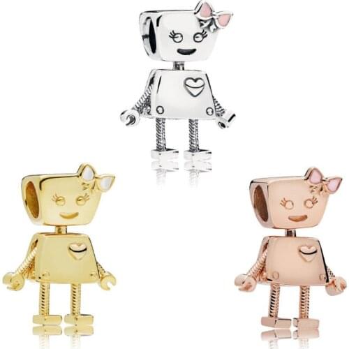 Moving Robot Bow Girl Charm Beads for Jewelry Making Rose Golden & Shine DIY Beads for Silver 925 Bracelets Women Charm Jewelry