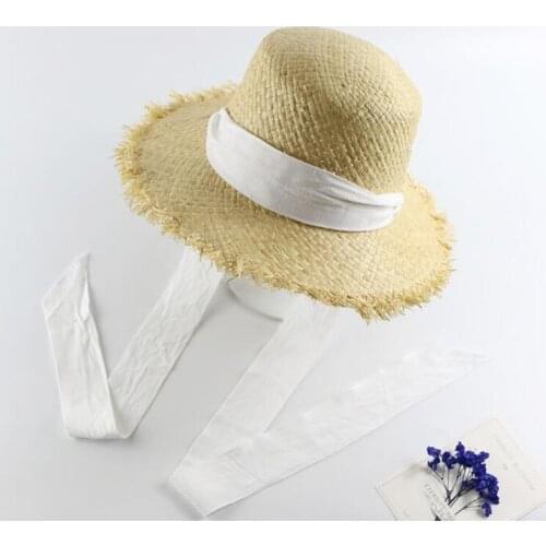 Seioum New summer bow Raffia hat Temperament flat 100% Natural Straw hats Womens Sea beach vacation leisure sunscreen hat