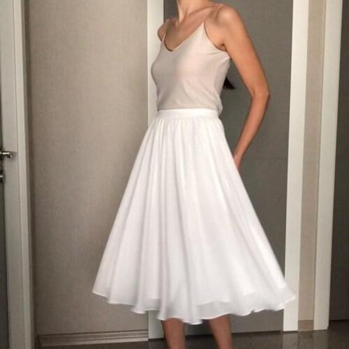 Chiffon Ruffles Skirts Midi-dress Stretch High Waist White A-Line Skirt Casual Pleated for Temperament Woman Wedding Formal