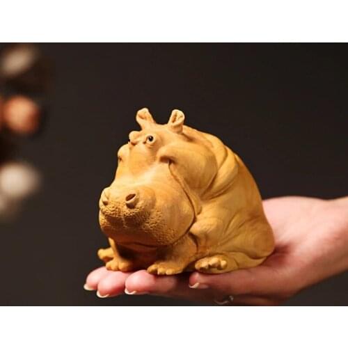 8/11cm Hippo Boxwood Carving Car Rich Decorations Handicrafts Feng Shui Wood Animal Statue Home Decor