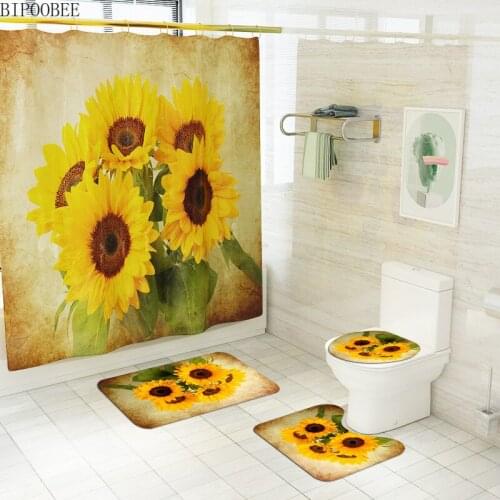 Sunflower Shower Curtain for Bathroom Decoration Beautiful Flowers Flannel Toilet Lid Cover Non Slip Carpet Bath Mat Rugs