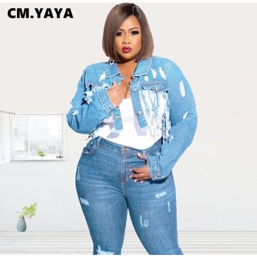 CM.YAYA Women Plus Size Jackets Solid Ripped Tassel Full Sleeve Turn-down Colloar Crop Denim Coats Fashion Streetwear Autumn